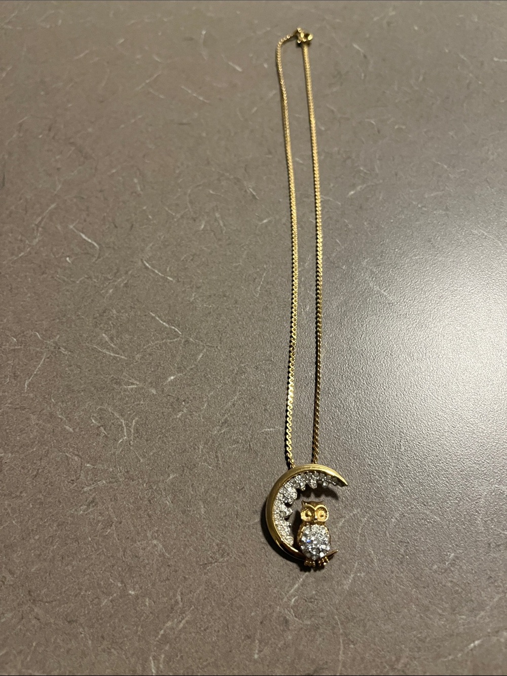 Gold Owl on Crescent Moon Pendant Necklace with Crystal Accents